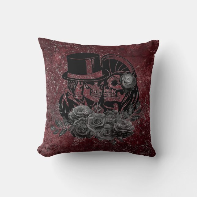 Gothic Kissing Skulls Couple And Blood Red Eternal Throw Pillow (Front)
