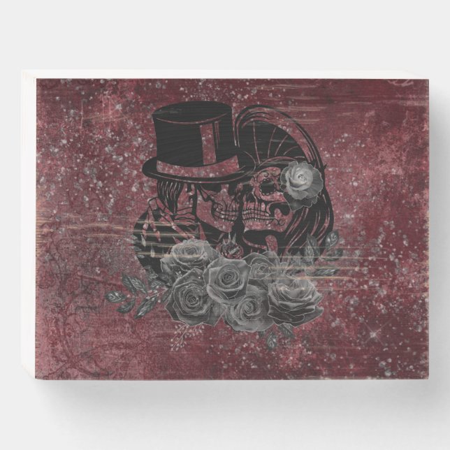 Gothic Kissing Skulls Couple And Blood Red Eternal Wooden Box Sign (Front Horizontal)