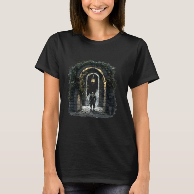 Gothic Knight Beneath Ivy Arch Castlecore Medieval T-Shirt (Front)