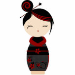 Gothic Kokeshi Cutout<br><div class="desc">This Kokeshi is wearing a charcoal kimono with flower print. Her kimono has flowers and swirls with red stitching.</div>