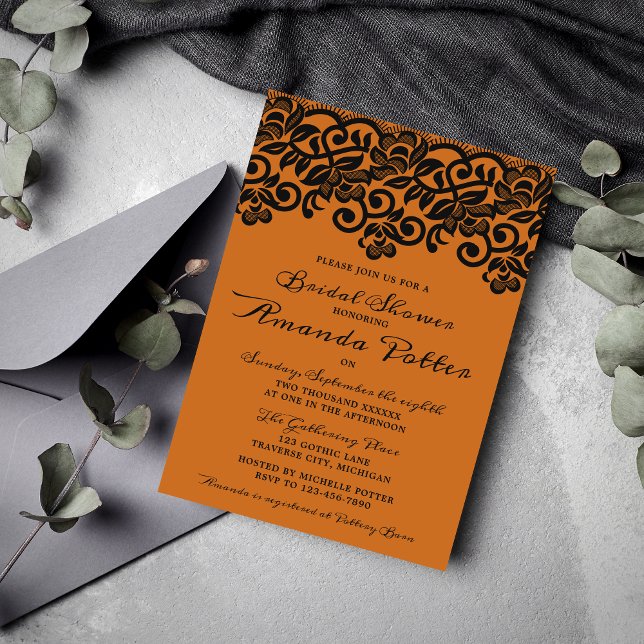 Gothic Lace Halloween Orange Black Bridal Shower Invitation (Creator Uploaded)