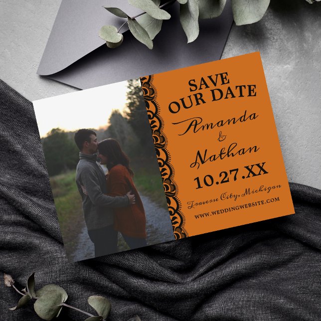 Gothic Lace Halloween Orange Black Wedding Save The Date (Creator Uploaded)