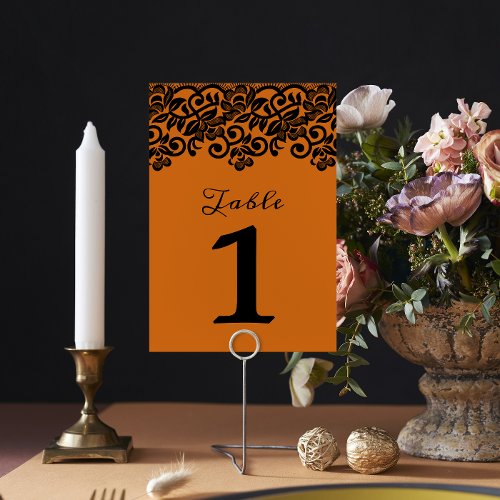 Gothic Lace Halloween Orange Black Wedding Table Number
