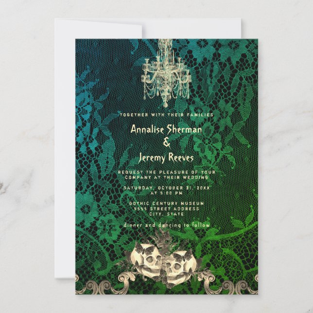 Gothic Lace Skeleton Halloween Wedding Invitation (Front)