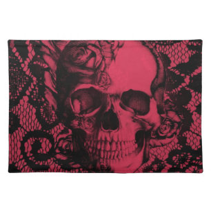 Gothic lace skull in deep red. cloth placemat