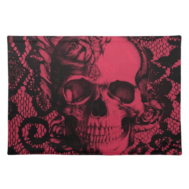 Gothic lace skull in deep red. cloth placemat (Front)