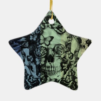 Gothic Lace Skull In Navy  Green And Yellow Ceramic Ornament by KPattersonDesign at Zazzle