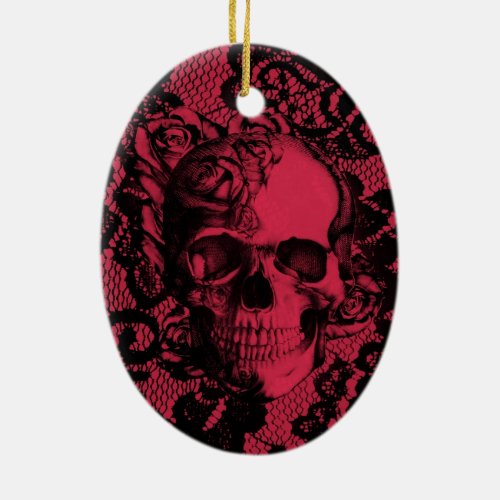 Gothic lace skull in red and black ceramic ornament