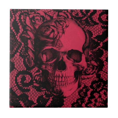 Gothic lace skull in red and black ceramic tile