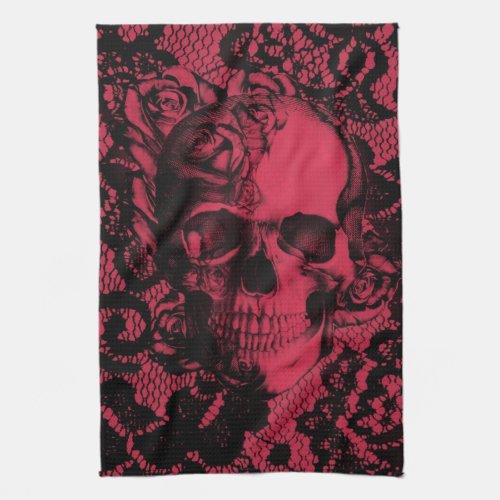 Gothic lace skull in red and black kitchen towel