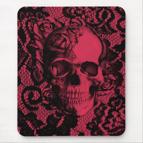 Gothic lace skull in red and black mouse pad