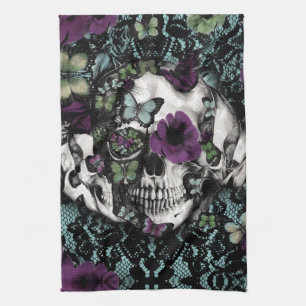 Gothic lace skull in teal and purple kitchen towel