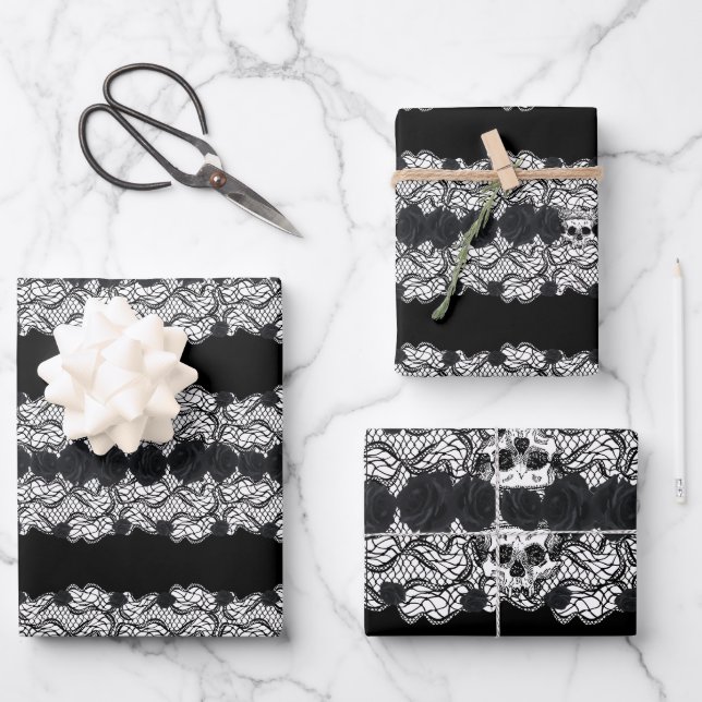 Gothic lace, skulls and roses,  3 design wrapping paper sheets (Front)