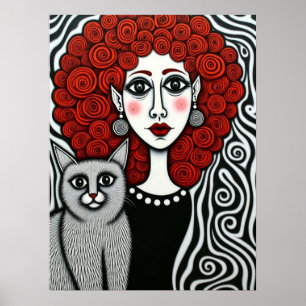 Gothic Lady and Cat Spiral Hair Red Black White  Poster
