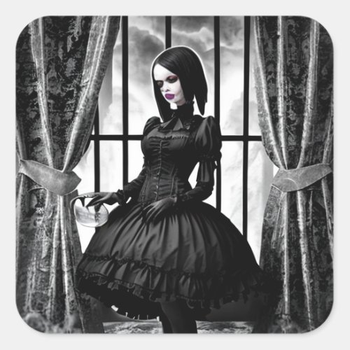 Gothic Lady in Black Dress Spooky Halloween Square Sticker