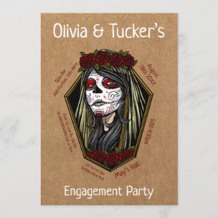 Gothic Lady Skull Coffin Dark Red Engagement Party Invitation