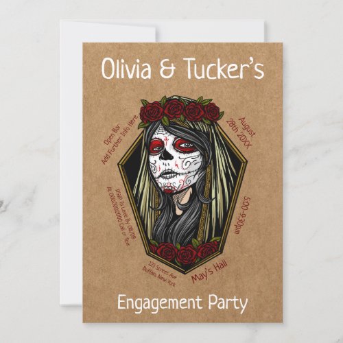 Gothic Lady Skull Coffin Dark Red Engagement Party Invitation