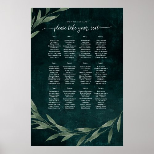 Gothic Leave dreamy EMERALD GREEN Seating Plan Poster