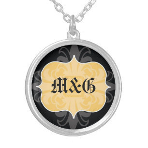Gothic letter monogram initial yellow black emblem silver plated necklace