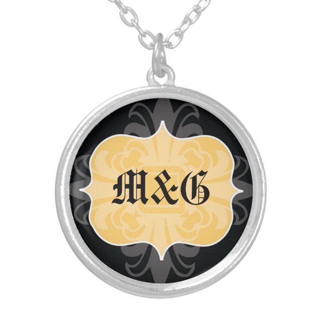 Gothic letter monogram initial yellow black emblem silver plated necklace (Front)