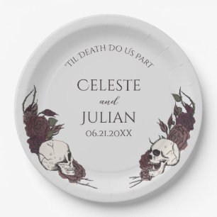Gothic Light Gray Floral Skull Wedding Paper Plates