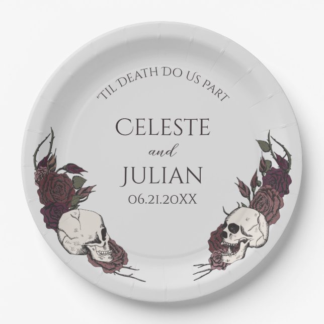 Gothic Light Gray Floral Skull Wedding Paper Plates (Front)
