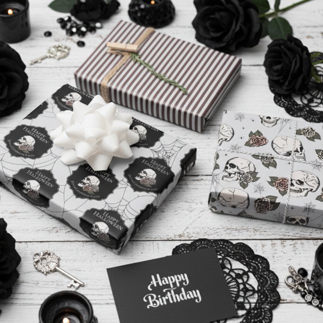 Gothic Light Grey Skulls and Stripes Halloween  Wrapping Paper Sheets (Gothic Soft Gray Gift Wrap For Her. Vintage Floral Skulls, Roses Pattern. Halloween October Birthday)
