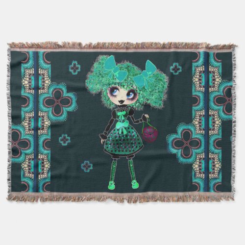 Gothic Lolita child emerald and black Throw Blanket