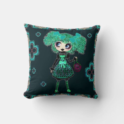 Gothic Lolita child emerald and black Throw Pillow