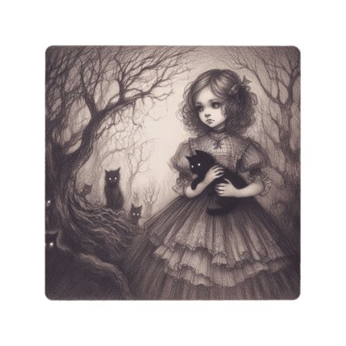 Gothic Lolita with Black Kittens in Spooky Forest Metal Print