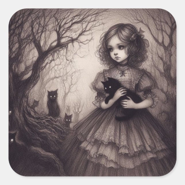 Gothic Lolita with Black Kittens in Spooky Forest Square Sticker (Front)