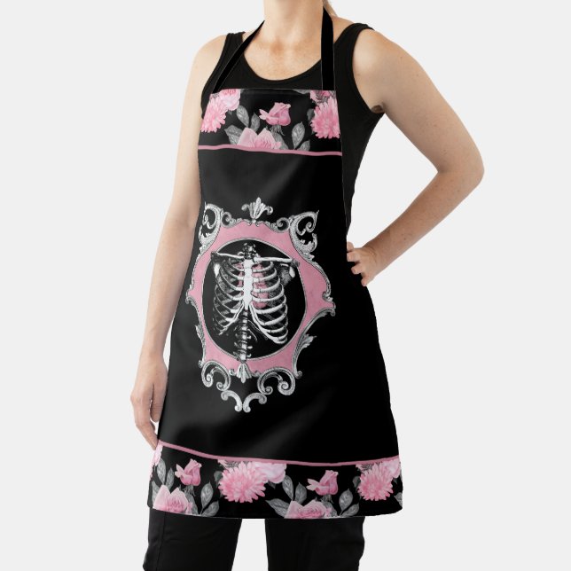 Gothic Love | Pink and Black Skeleton Heart Floral Apron (Insitu)