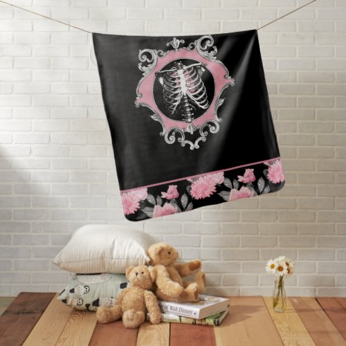 Gothic Love  Pink and Black Skeleton Heart Floral Baby Blanket