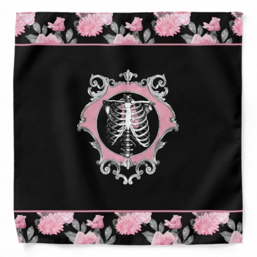 Gothic Love  Pink and Black Skeleton Heart Floral Bandana