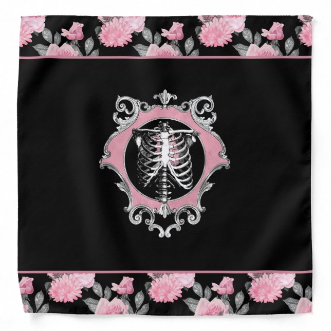 Gothic Love | Pink and Black Skeleton Heart Floral Bandana (Front)