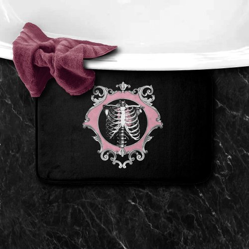 Gothic Love  Pink and Black Skeleton Heart Floral Bath Mat