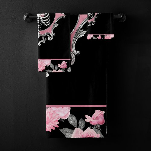 Gothic Love  Pink and Black Skeleton Heart Floral Bath Towel Set