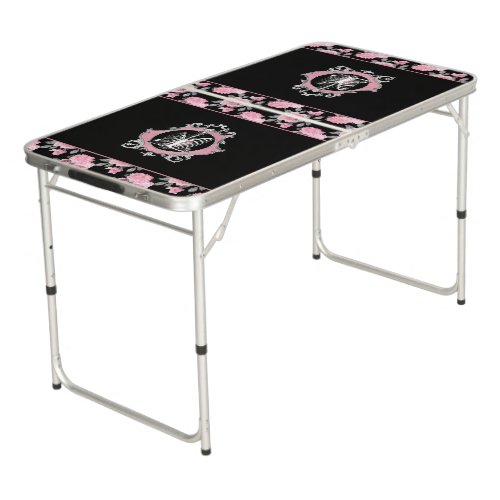 Gothic Love  Pink and Black Skeleton Heart Floral Beer Pong Table