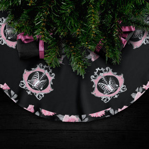 Gothic Love Pink and Black Skeleton Heart Floral Brushed Polyester Tree Skirt