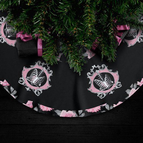 Gothic Love  Pink and Black Skeleton Heart Floral Brushed Polyester Tree Skirt