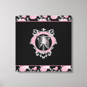 Gothic Love   Pink and Black Skeleton Heart Floral Canvas Print