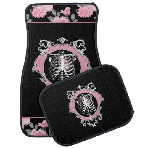 Gothic Love  Pink and Black Skeleton Heart Floral Car Floor Mat