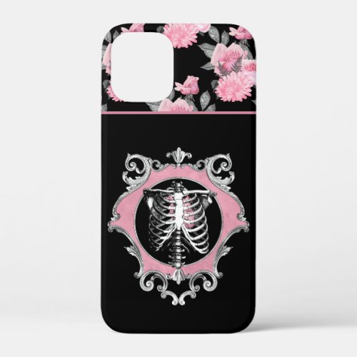 Gothic Love  Pink and Black Skeleton Heart Floral iPhone 12 Mini Case