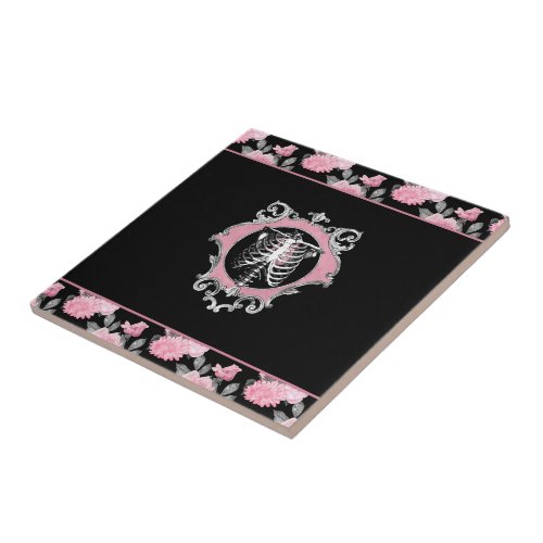 Gothic Love  Pink and Black Skeleton Heart Floral Ceramic Tile