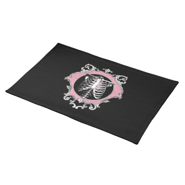 Gothic Love | Pink and Black Skeleton Heart Floral Cloth Placemat (On Table)