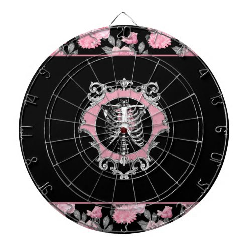 Gothic Love  Pink and Black Skeleton Heart Floral Dart Board