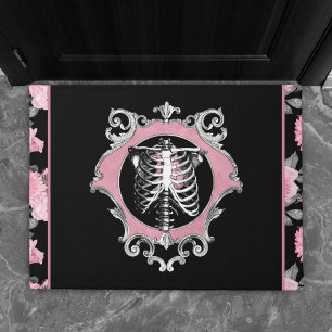 Gothic Love Pink and Black Skeleton Heart Floral Doormat