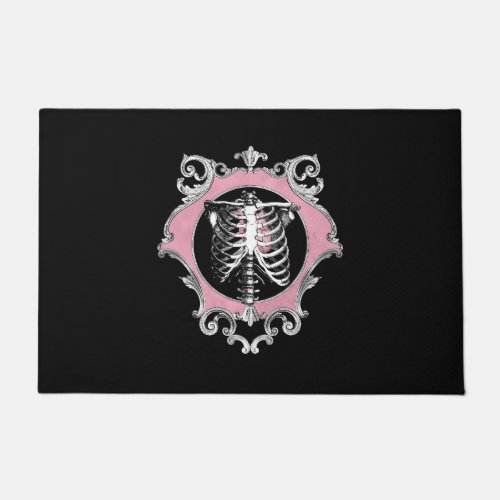 Gothic Love  Pink and Black Skeleton Heart Floral Doormat