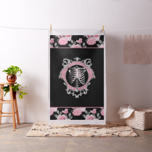 Gothic Love   Pink and Black Skeleton Heart Floral Fabric