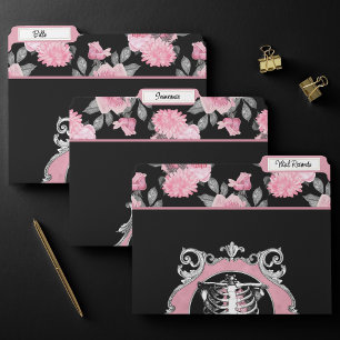 Gothic Love   Pink and Black Skeleton Heart Floral File Folder